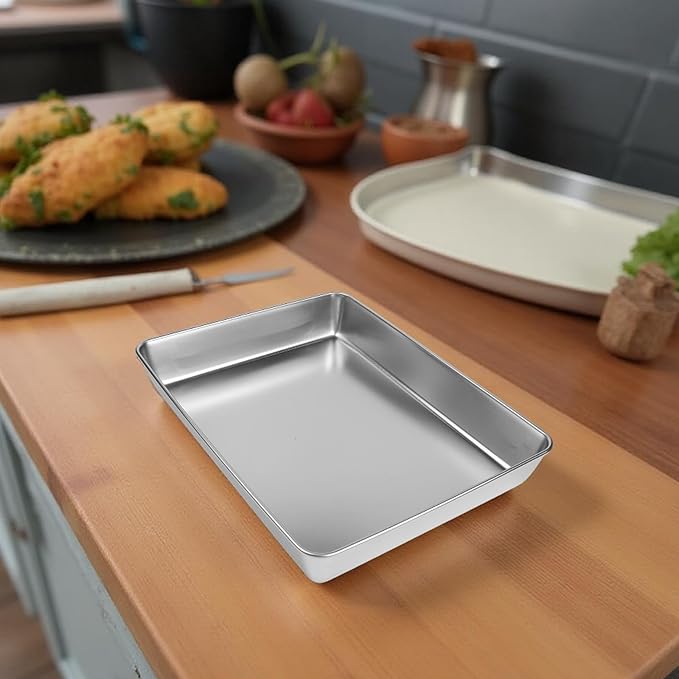 Stainless Steel Serving Tray with Deep Edges, Rectangular Food Platter for Kitchen, Camping, Picnics, School Cafeteria, Dishwasher Safe, Silver(40 * 35 * 5.5)