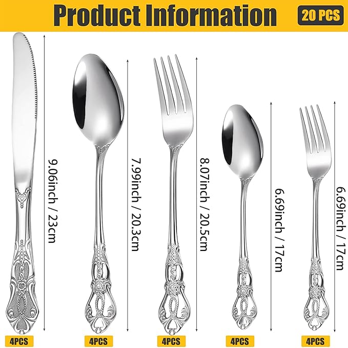 Vilihkc Christmas Gorgeous Retro Royal Stainless Steel 20 Pieces Flatware Set, Silverware Set, Anti-rust Stainless Steel Cutlery Set Utensils Including Fork Spoon and Knife