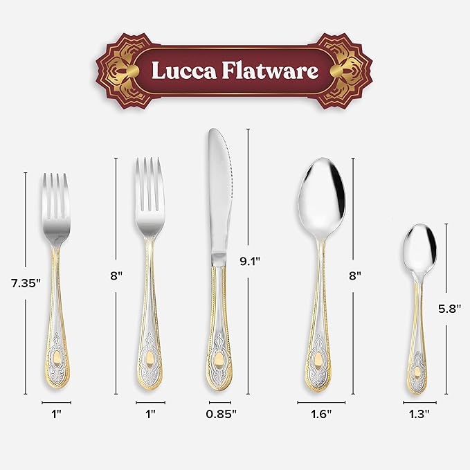 40 Piece Flatware Set - Includes 5 Piece Hostess Set - Vintage Design Handle with Gold Detailing - 18/10 Stainless (45 Piece, Lucca)