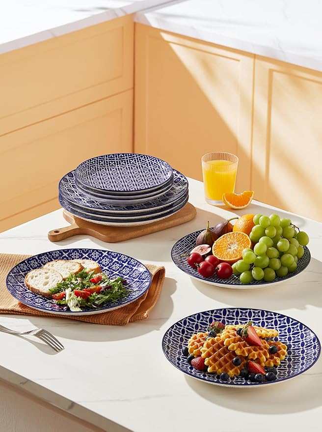 10" Ceramic Dinner Plates, Blue and White Porcelain Plate Set, Serving Dishes for Pasta, Pancakes, Steak, Salad, Set of 6, Dishwasher & Microwave Safe