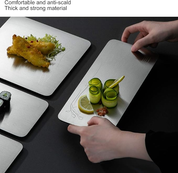 304 Stainless Steel Sushi Tray, Rectangle Serving Dish for Sushi Snacks Fruits Desserts, Multi - Purpose Food Plate with Non - Slip Silicone Base, Elegant Silver Tray for Home Cafe (304 Thickened