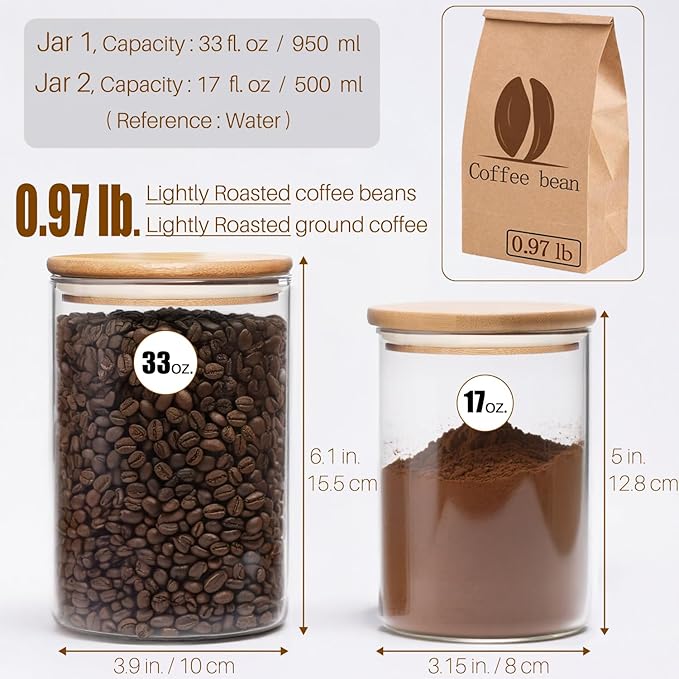 Small Size 33+17 oz Glass Food Storage Jars with Airtight Lids, Clear Glass Jar with Bamboo Lid, Airtight Food Canister for Tea, Candy, Coffee, Sugar, Cookie, Snack. (Round | 5+6 Inch)