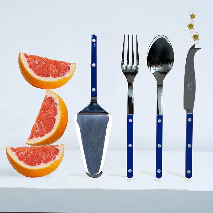 SABRE PARIS - 4-Piece Serving Set - Bistrot Collection - 2 Serving Flatware, Serrated Pie Server, Large Cheese Knife - Stainless Steel & Nylon - Dishwasher Safe - Navy Blue - Brilliant Finish