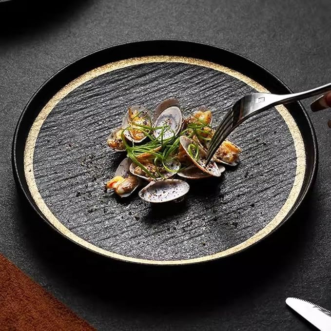 FEELIN Modern Large Dinner Plates Black Quicksand Steak Dinner Plate Frosted Western Dinner Plate Ceramic Pasta Plate Light Luxury Dish Plate Home Plate Stackable Dinner Plates(Color:A,Size:Medium)