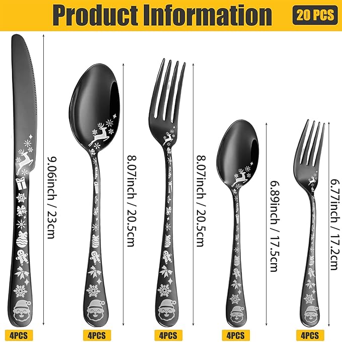 Vilihkc Christmas Style Silverware Set,20 Piece Stainless Steel Flatware Set, Kitchen Utensil Set Service for 4,Tableware Cutlery Set for Home and Restaurant,Dishwasher Safe