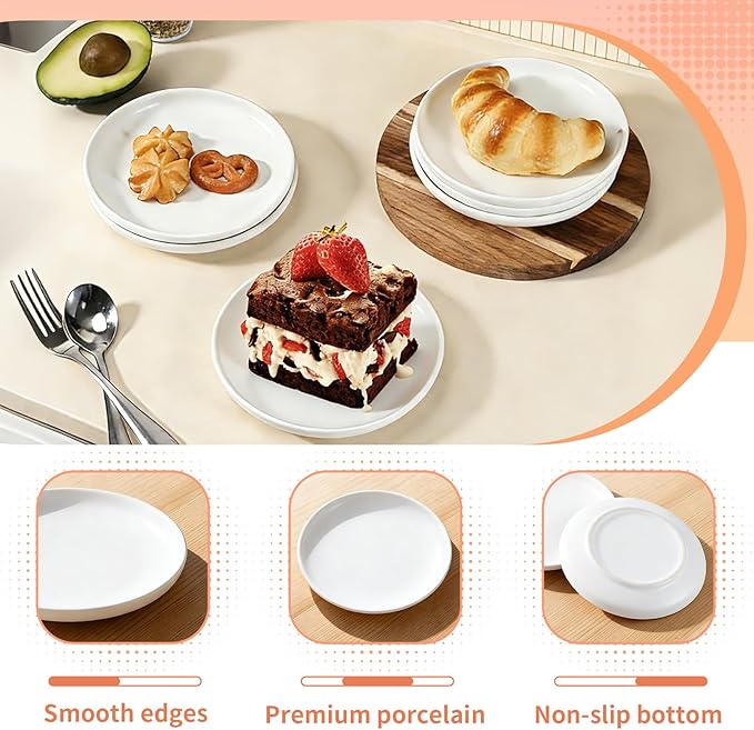 4 Pcs 6 Inch Ceramic Appetizer Plates, Small Salad Appetizer Dessert Plates, Matte Glaze Plates for Kitchen, Dessert, Pie, Cake, Microwave Dishwasher Oven Safe(white)