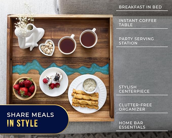Extra Large (22") Square Premium Blue River Resin Acacia Wood Ottoman Tray with Handles - Serve Food in Style for Dinner, Breakfast, Snacks, BBQ, Entertaining Guests & More