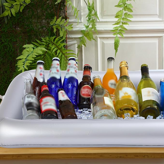 Large Inflatable Serving Bar 72 x 30 x 5'' Inflatable Ice Serving Buffet Bar Inflatable Cooler Ice Buffet Salad Serving Trays with Drain Plug for Pool Outdoor Party Picnic (Silver,2 Pack)