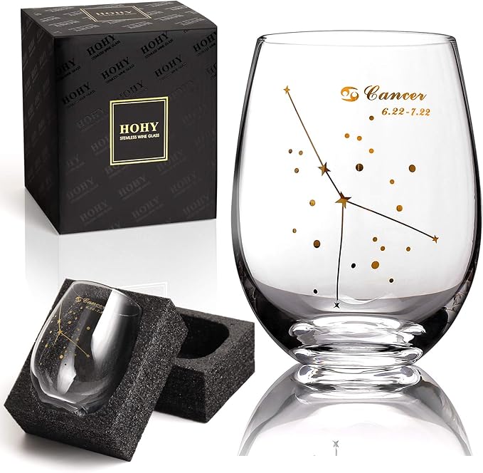 HOHY Cancer Zodiac Wine Glass 20 Oz, Cancer Zodiac Birthday Horoscope Gifts for Women, Birthday Wine Glass Astrology Constellation Christmas Gifts for Women, Constellation Wine Glasses Golden