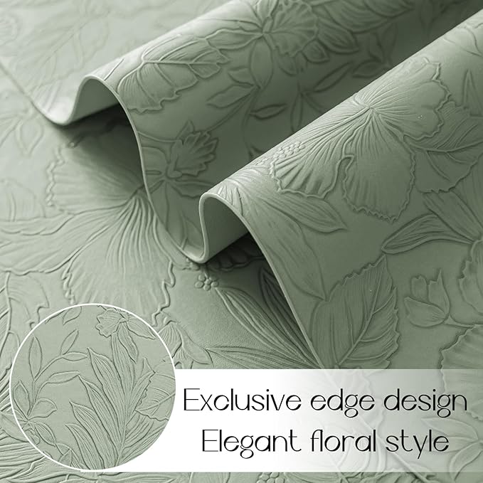 Romanstile Vinyl Placemats Set of 4-12 X 17 Inch - Heat Resistant Non-Slip Embossed Floral Place Mats 100% Waterproof Oilproof Wipeable Faux Leather Table Mats for Kitchen/Dining/Party, GrassGreen