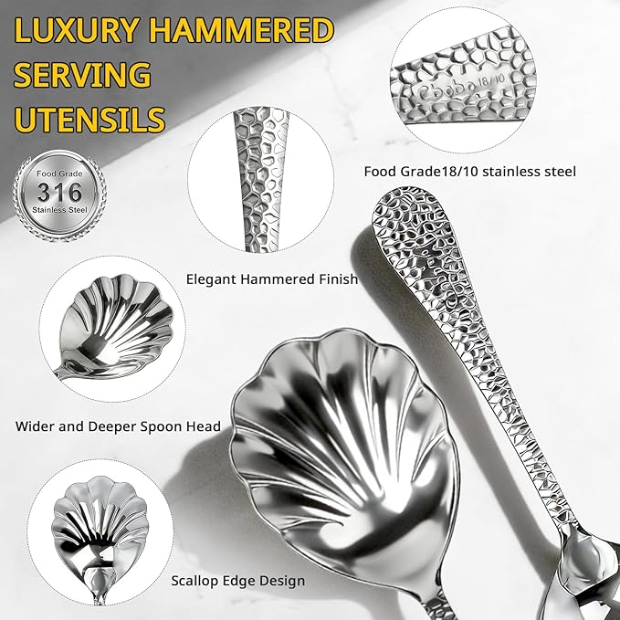 4Pack Serving Spoons 18/10 Stainless Steel Large Serving Spoons Set, Hammered Long Handle Serving Spoons for Buffet, Scalloped Design Serving Utensils for Kitchen Party Buffet Banquet (Silver)
