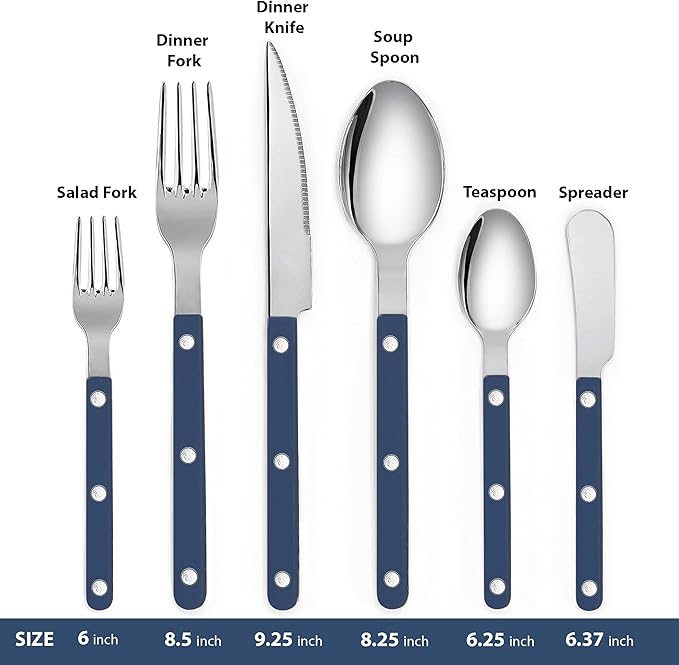 6-Piece Stainless Steel Flatware Silverware Cutlery Set - Color Handle with Rivet/Retro Style - Includes Dinner Knife; Dinner Fork; Salad Fork; Soup Spoon; Teaspoon; Spreader (NAVY)