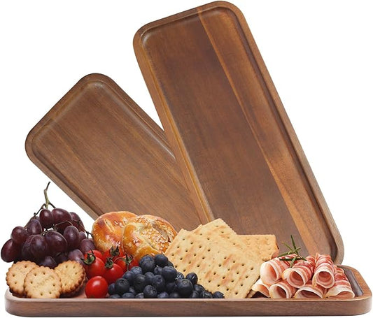 Solid Acacia Wood Serving Trays and Platters - Wooden Mini Charcuterie Boards, Rectangle Small Cheese Board for Food, Bathroom, Home Decor, Kitchen Counter, (14"x5.5", 3 Pack)