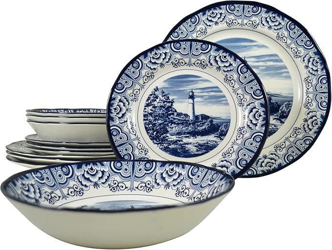 Tudor Royal 12-Piece Round Porcelain Dinnerware Set, Service for 4 - Light House Dark Blue Design, Plates Bowls Dishes, Premium Quality Tableware, Unique Pattern, Glossy