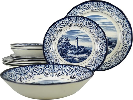 Tudor Royal 12-Piece Round Porcelain Dinnerware Set, Service for 4 - Light House Dark Blue Design, Plates Bowls Dishes, Premium Quality Tableware, Unique Pattern, Glossy
