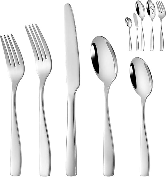 45 Pieces 18/10 Stainless Steel Flatware Set for 8, Heavy Silverware Set With Serving Utensils, Dishwasher Safe Silverware Knife Fork and Spoon Set, Rust Resistant