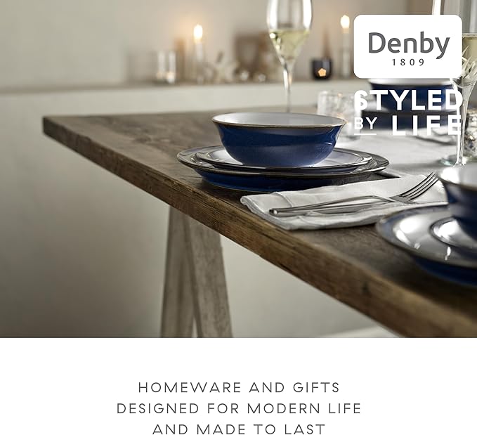 Denby - Imperial Blue Dinner Set for 4-12 Piece Ceramic Tableware Set Blue, White - Dishwasher Microwave Safe Crockery Set - 4 x Dinner Plate, 4 x Small Plate, 4 x Cereal Bowl