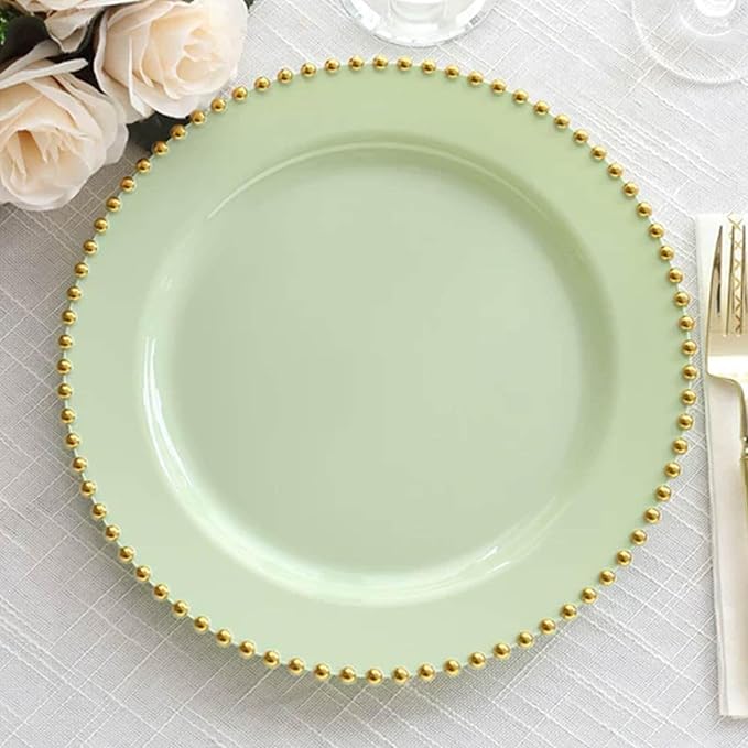 10" Dinner Plates - Set of 30 - Plastic Sage Green/Gold Round Disposable Plate Beaded Rim, Ideal for Decoration Party Wedding Bulk Events