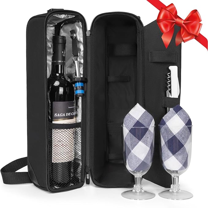 ALLCAMP Wine Bag - Insulated Cooler Bag with Wine Glasses, Bottle Opener & Wine Accessories for Wine Lovers - Portable Wine Gift Bag for Travel, Picnics, and Gift Ideas(Black)