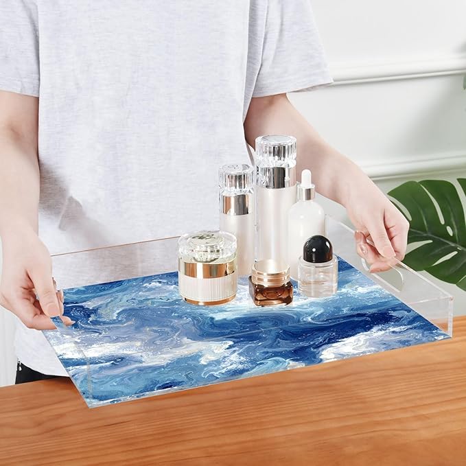 Serving Tray with Handles Clear Acrylic Tray 12x16 Inch Decorative Rectangular Tray Organizer for Ottoman Coffee Table Bathroom Blue Swirling Fluid
