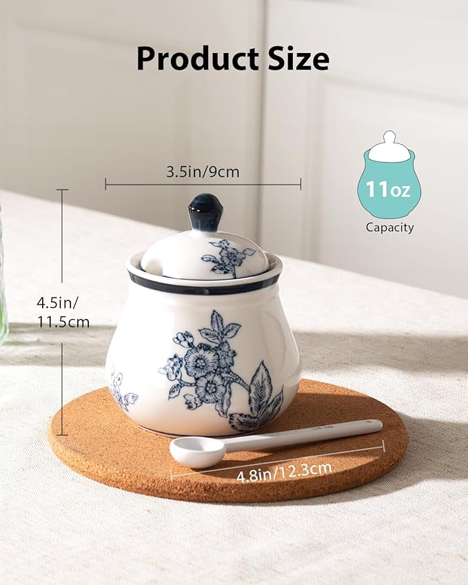 Ceramic Sugar Bowl with Lid and Spoon, 11Oz Sugar Container for Coffee Bar, Blue and White Sugar Jar/Dispenser, Flowers and Branches