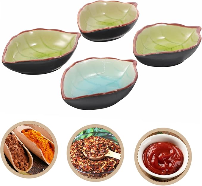 4pcs Leaf-shaped Ceramic Plates for Sauce Dips and Snacks Versatile Dessert and Seasoning Bowls Random Patterns Home Kitchen and Entertaining