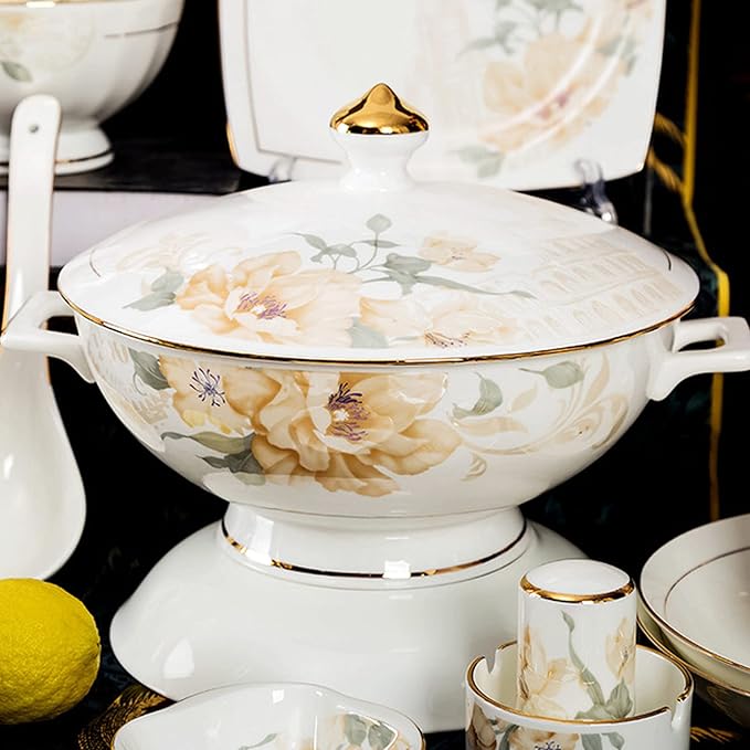 Gold Rim Ceramic Tableware Set Handmade Modern White China Ceramic Floral Tableware Set Suitable for Family Hotel Restaurant 62 Piece