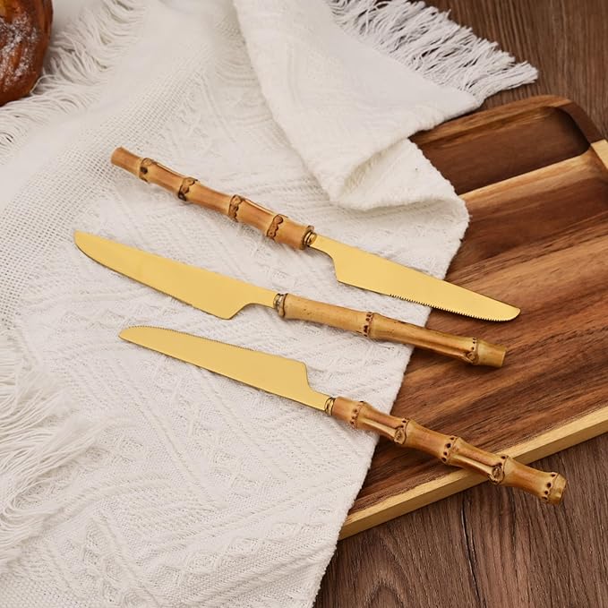 Stainless Steel Flatware Set, Bamboo Handle Silverware Set, Reusable Eating Utensils for Home Kitchen and Restaurant, Modern Gold Cutlery Set, 8 Pieces Dinner Knives