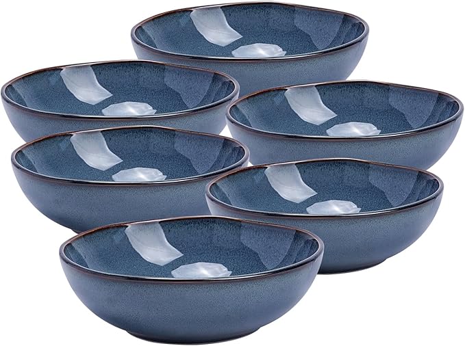 Organic Shape Highland Ceramic Serving Bowl, 6pcs 9 Inch Handmade Reactive Glaze Bowl 40oz with Wavy Edge, for Kitchen, Microwave & Dishwasher Safe, Scratch Resistant-Blue