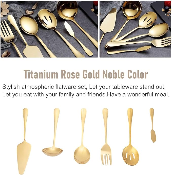 6-Piece Serving Flatware Silverware Set, Serving Utensil Set,Include Cake Server, Slotted Serving Spoon Gold