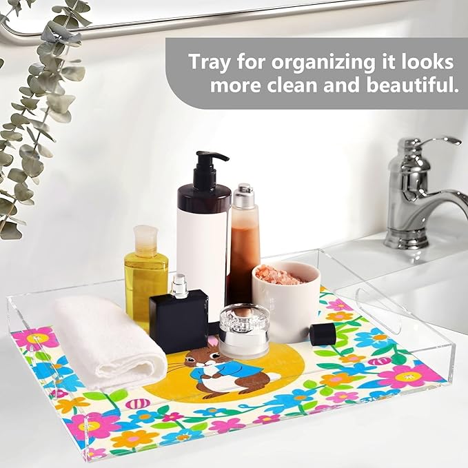 Serving Tray with Handles Clear Acrylic Tray 12x16 Inch Decorative Rectangular Tray Organizer for Ottoman Coffee Table Bathroom Bright Colorful Easter Eggs