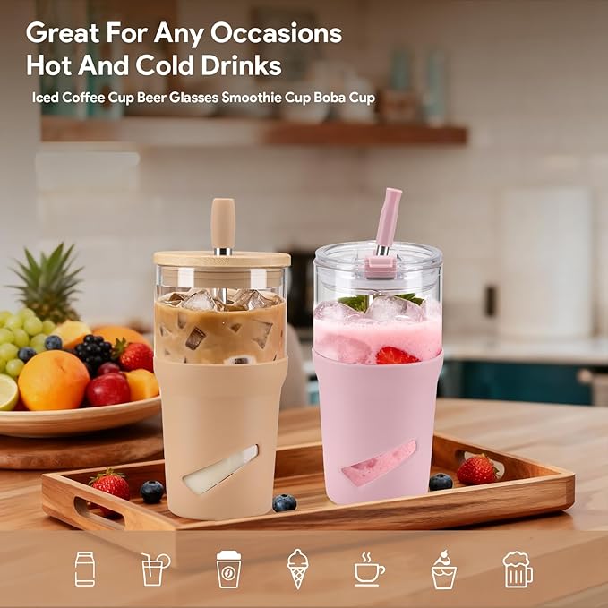 Glass Tumbler with Lids and Straws, 20 oz Iced Coffee Cup and Smoothie Cup with Bamboo Lid and On the go Lid,Glass Cups With Straws