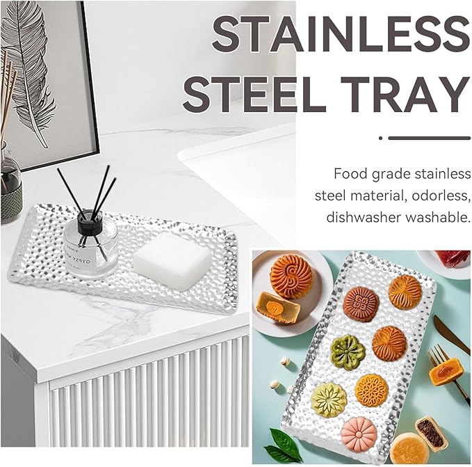 2pcs Bathroom Vanity Tray, Stainless Steel Silver Serving Tray Decorative Hammered Tray Soap Candles Perfume Tray Guest Towel Holder for Home Decor Bathroom Counter Restaurant, 3.7x7.7in