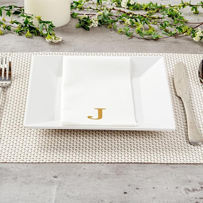 Luxenap 15.8 X 7.9 Inch Linen-Feel Guest Towels, 50 Lettered Hand Towels - Gold Letter 'J', Sans Serif Font, White Paper Dinner Napkins, airlaid, For Restrooms And Tables