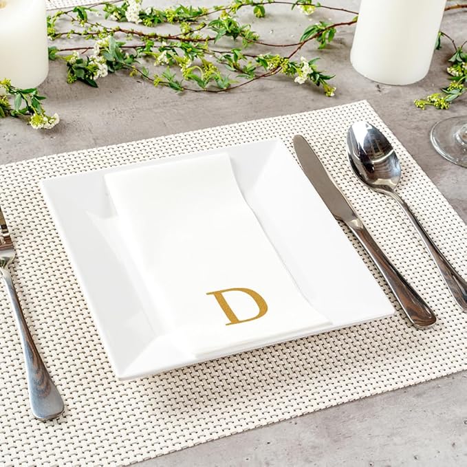 Luxenap 15.8 X 7.9 Inch Linen-Feel Guest Towels, 50 Lettered Hand Towels - Gold Letter 'D', Sans Serif Font, White Paper Dinner Napkins, airlaid, For Restrooms And Tables - Restaurantware