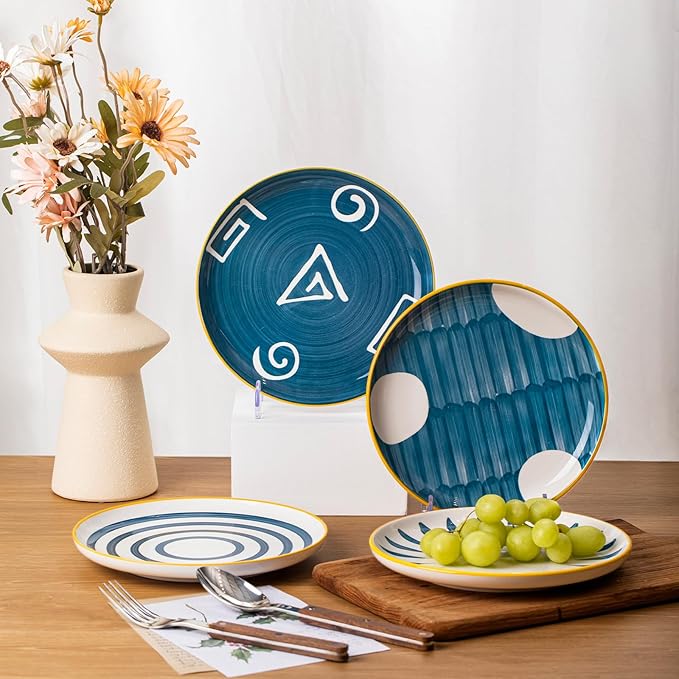 Yeacccng Dinner Plates Set of 4, Ceramic Sandwich Plate, 8 Inch Saucers Plates, Shallow Plates for Kitchen Decor, Scratch-Resistant, Lead-Free, Dishwasher & Microwave Safe, Easy Clean