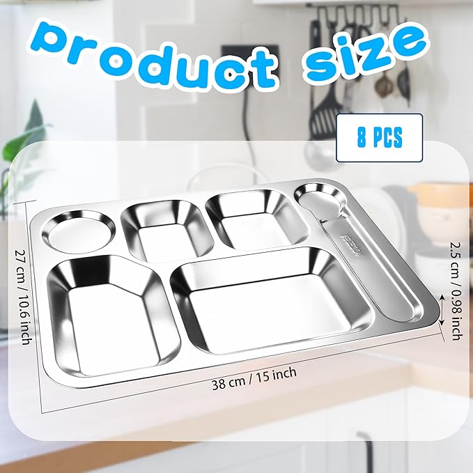 8 Pack 304 Stainless Steel Divided Plates Tray 6 Section Dinner Plates Unbreakable Metal Serving Platter Rectangular Control Plate for Adults Picky Eaters Campers Portion Control
