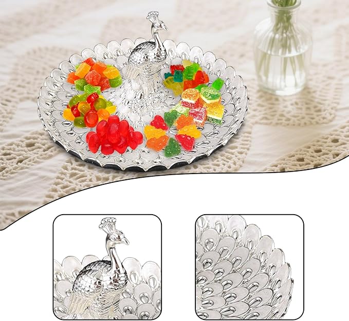 Fruit Dish Cosmetic Tray Peacock Sturdy Snack Storage Plate Vanity Storage Holder Serving Tray for Trinket Jewelry Wedding, Silver White