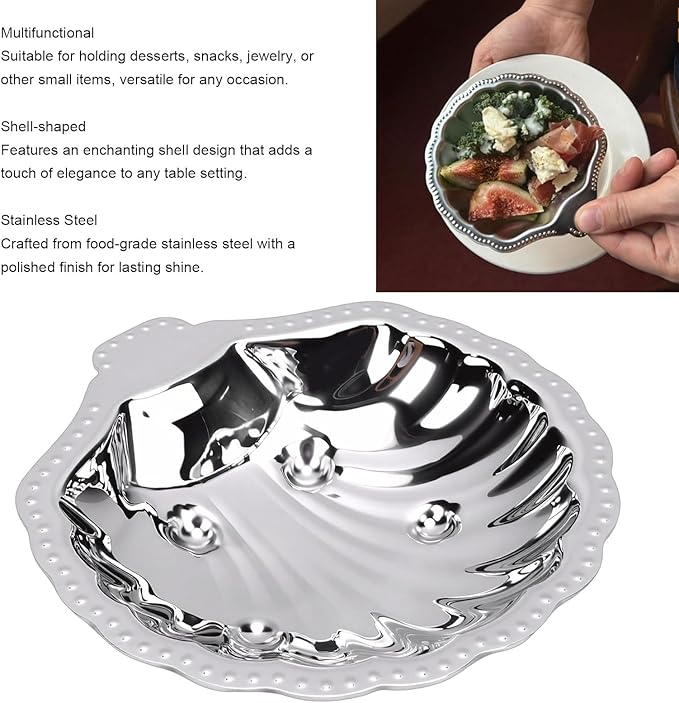 Pssopp Serving PlattersFruit BowlsTrays Dish, 304 Stainless Steel Silver Vintage Shell Shape Tray for Jewelry Nuts Dried Fruits Appetizers Metal Snack Serving Silver Tray