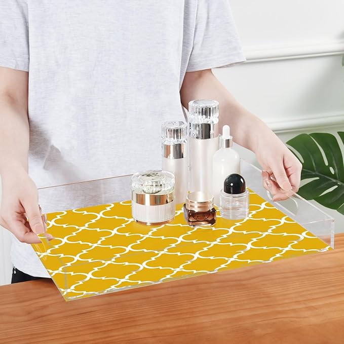 Serving Tray with Handles Clear Acrylic Tray 12x16 Inch Decorative Rectangular Tray Organizer for Ottoman Coffee Table Bathroom Yellow Quatrefoil