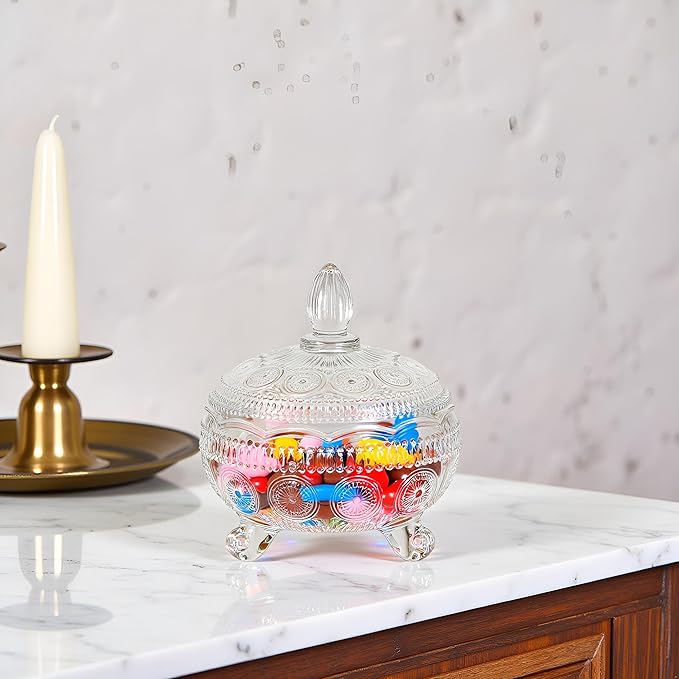 Glass Candy Dish with Lids Crystal Candy Jar Home Decorative Covered Glass Jar Wedding Buffet Jewelry Box 10 oz Cookie Jar Biscuit Containers for Snacks Office Desk Party Coffee Beans (Coastal)