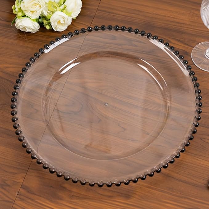 13" Charger Plates - Set of 12 - Clear/Black Round Acrylic Disposable Chargers with Beaded Rim, Ideal for Dinner Party Wedding Bulk Events