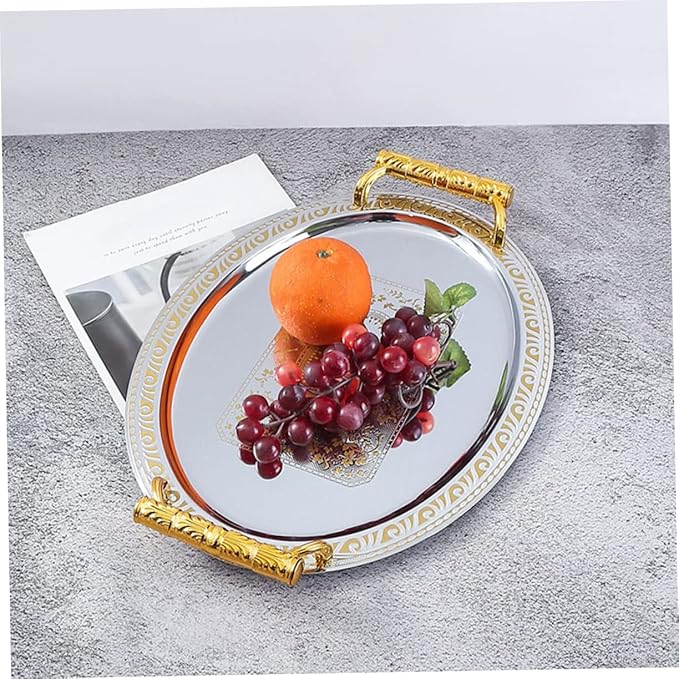 European Style Oval Stainless Steel Serving Tray for Fruit Snacks Desserts Vintage Design for Home Restaurant Use Silver with Gold Rim