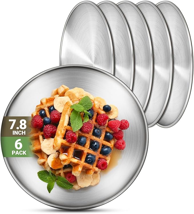 6 Stainless Steel Plates, 7.8 inch 304(18/8) Metal Camping Plate, Reusable Food Serving Dish Snack Eating Dishes Round Shatterproof Plate Silver Dinnerware for BBQ Dinner Oven Dishwasher Safe
