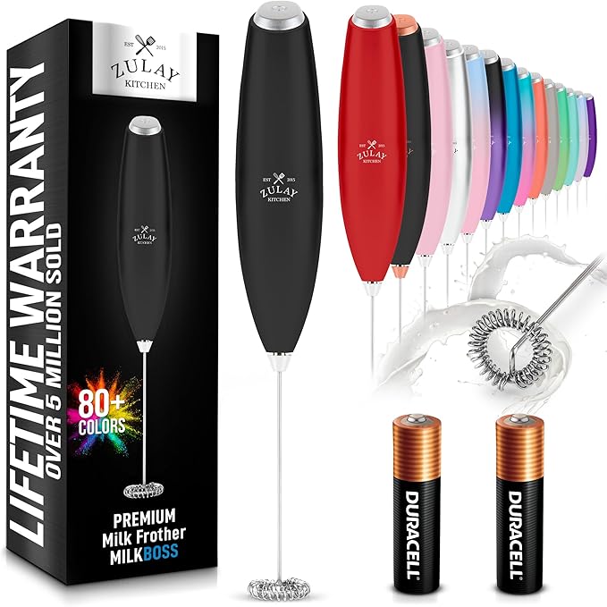 Zulay Kitchen Milk Frother Handheld Electric Whisk with AA Duracell Batteries – Durable Drink Mixer for Coffee, Lattes, Cappuccinos & More - Black