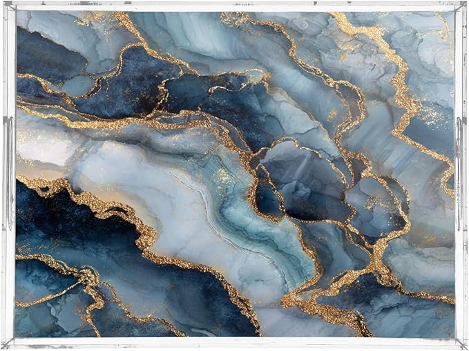 Serving Tray with Handles Clear Acrylic Tray 12x16 Inch Decorative Rectangular Tray Organizer for Ottoman Coffee Table Bathroom Blue Marble and Gold Lines Retro