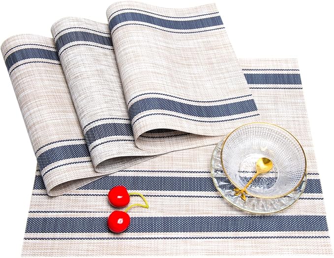 Placemats,PlasticVinyl Washable Heat-Resistant Durable PVC Non-Slip Woven for Kitchen Dining Table Mats (Blue Beige, Set of 8)