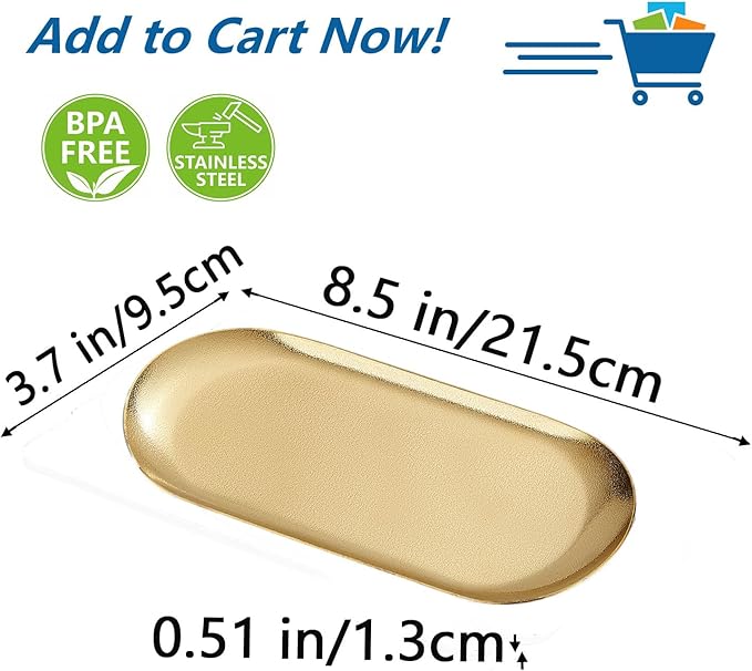 8.5X3.7 inch ellipse Appetizer Plates,thick stainless steel Dinner Plates, Pasta Dessert Plates for Sushi, Fruit oven/Dishwasher Safe, Set of 4,Gold