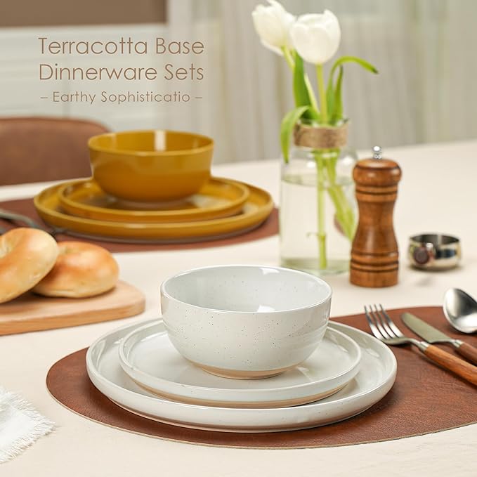 12 Pieces Farmhouse Stoneware Dinnerware Sets, Speckled Ceramic Plates and Bowls Set, Matte Terracotta Underside Ceramic Dishes Set for 4, Scratch Resistant Microwave & Dishwasher Safe (Autumn Melody)