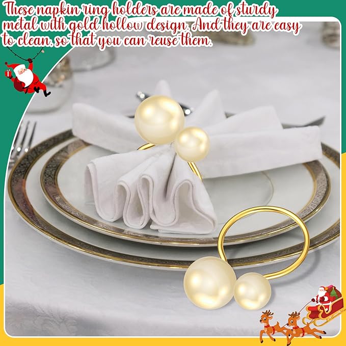 Sliner 24 Pcs Pearl Napkin Rings, Gold Table Napkin Holder Buckles for Dinning Table Setting Christmas Wedding Party Supplies